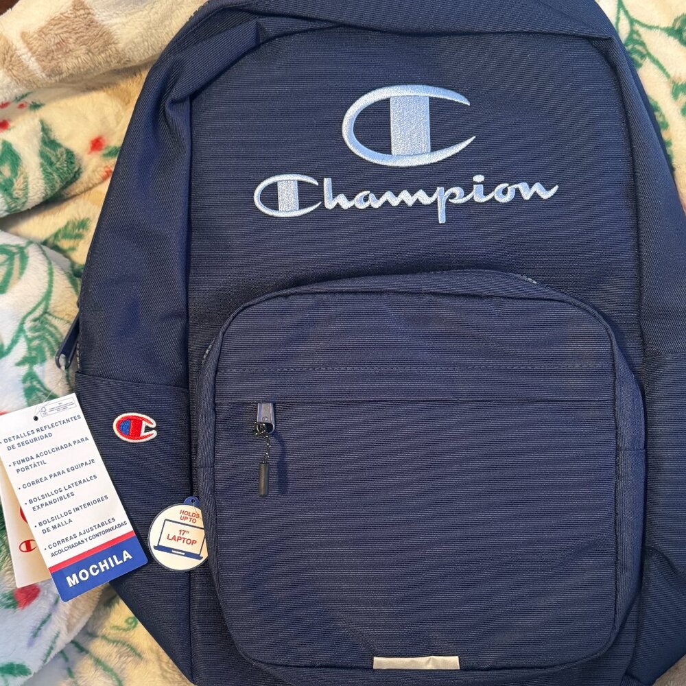 Champion Backpack Navy Blue Reflective Details Laptop Sleeve Luggage Strap